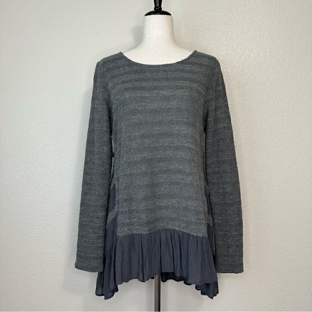a’reve Wool Blend Gray Ruffle Lace Hemline Tunic Top, Sz Medium